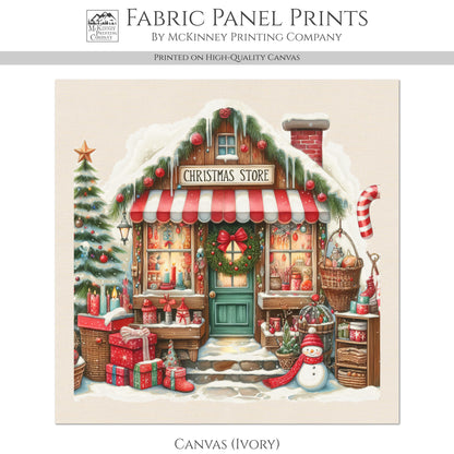 Christmas Fabric Panel - Christmas Village, Store, Holliday, Shop, Quilt Block, Cotton, Quilting, Wall Art
