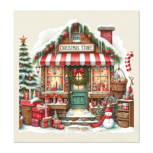 Christmas Fabric Panel - Christmas Village, Store, Holliday, Shop, Quilt Block, Cotton, Quilting, Wall Art