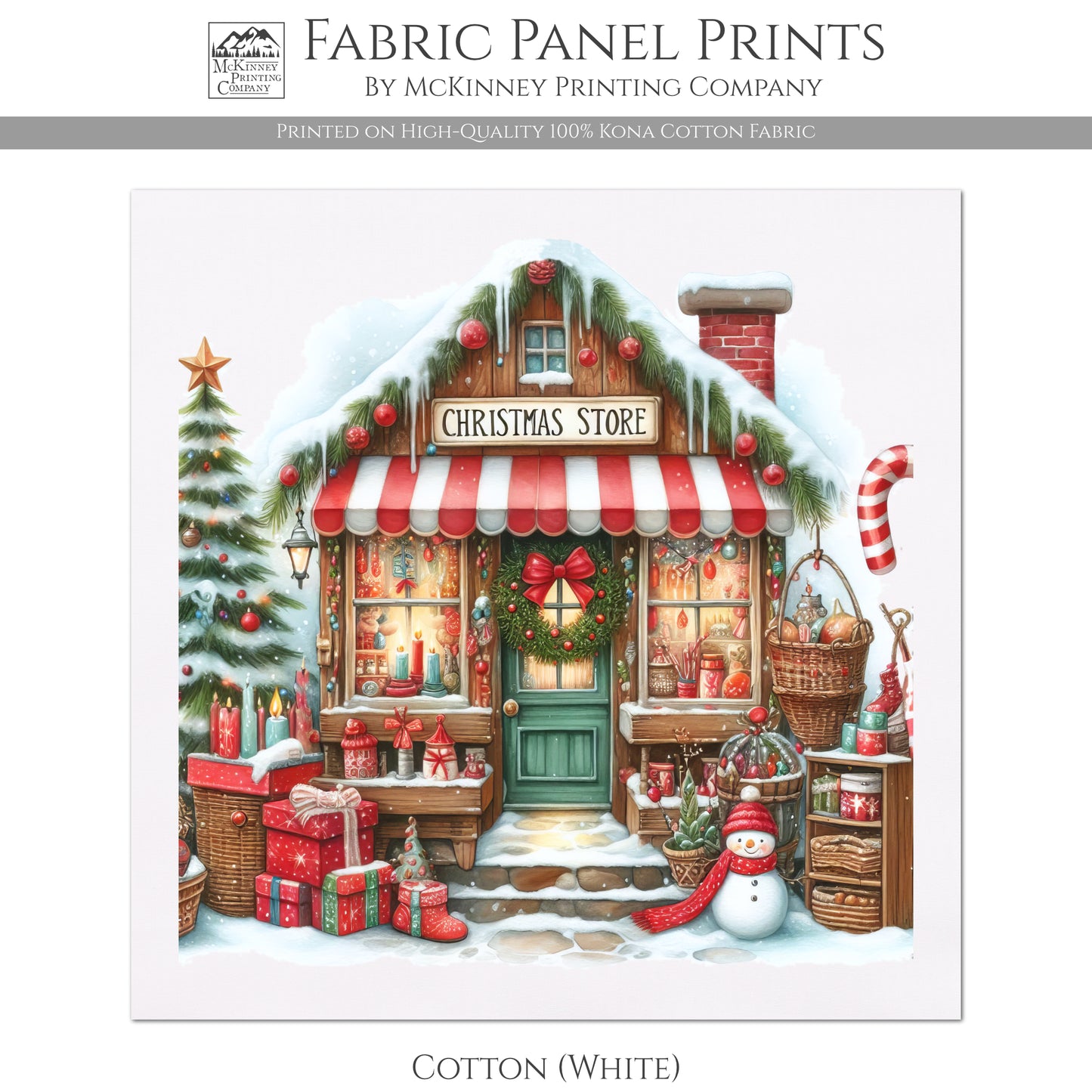 Christmas Fabric Panel - Christmas Village, Store, Holliday, Shop, Quilt Block, Cotton, Quilting, Wall Art