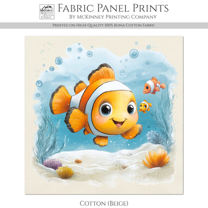Baby Fabric Panels - Clownfish, Sea, Ocean, Boy, Blanket, Nursery Décor, Quilt Block, Cotton, Quilting