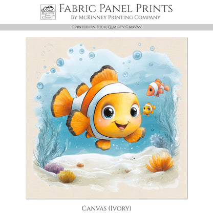Baby Fabric Panels - Clownfish, Sea, Ocean, Boy, Blanket, Nursery Décor, Quilt Block, Cotton, Quilting