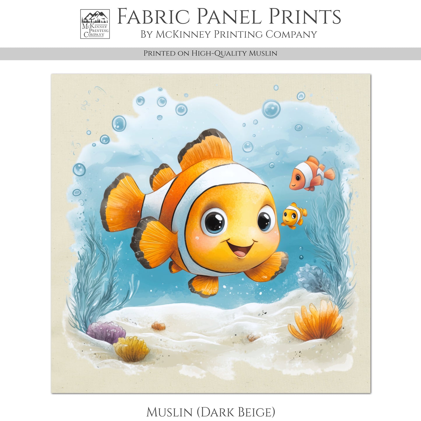 Baby Fabric Panels - Clownfish, Sea, Ocean, Boy, Blanket, Nursery Décor, Quilt Block, Cotton, Quilting