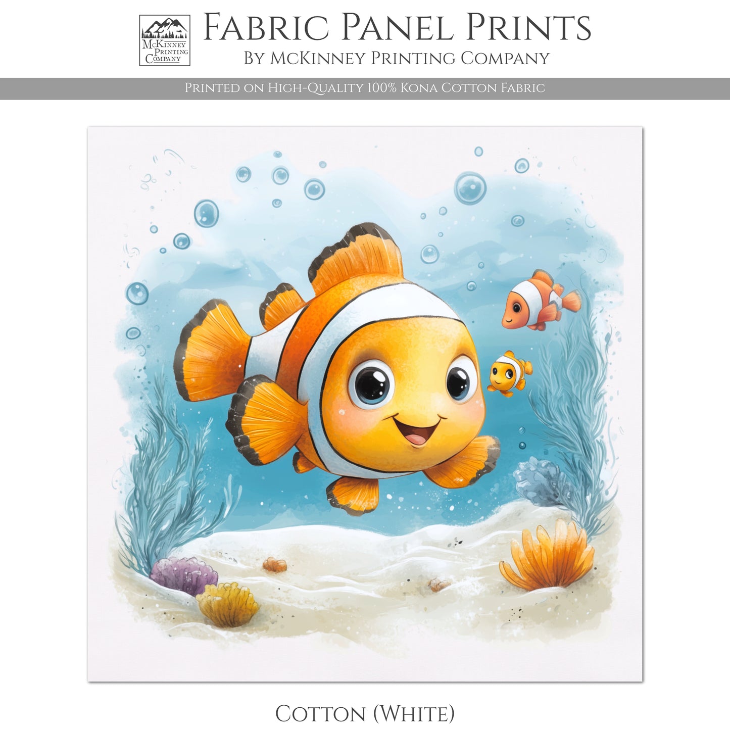 Baby Fabric Panels - Clownfish, Sea, Ocean, Boy, Blanket, Nursery Décor, Quilt Block, Cotton, Quilting