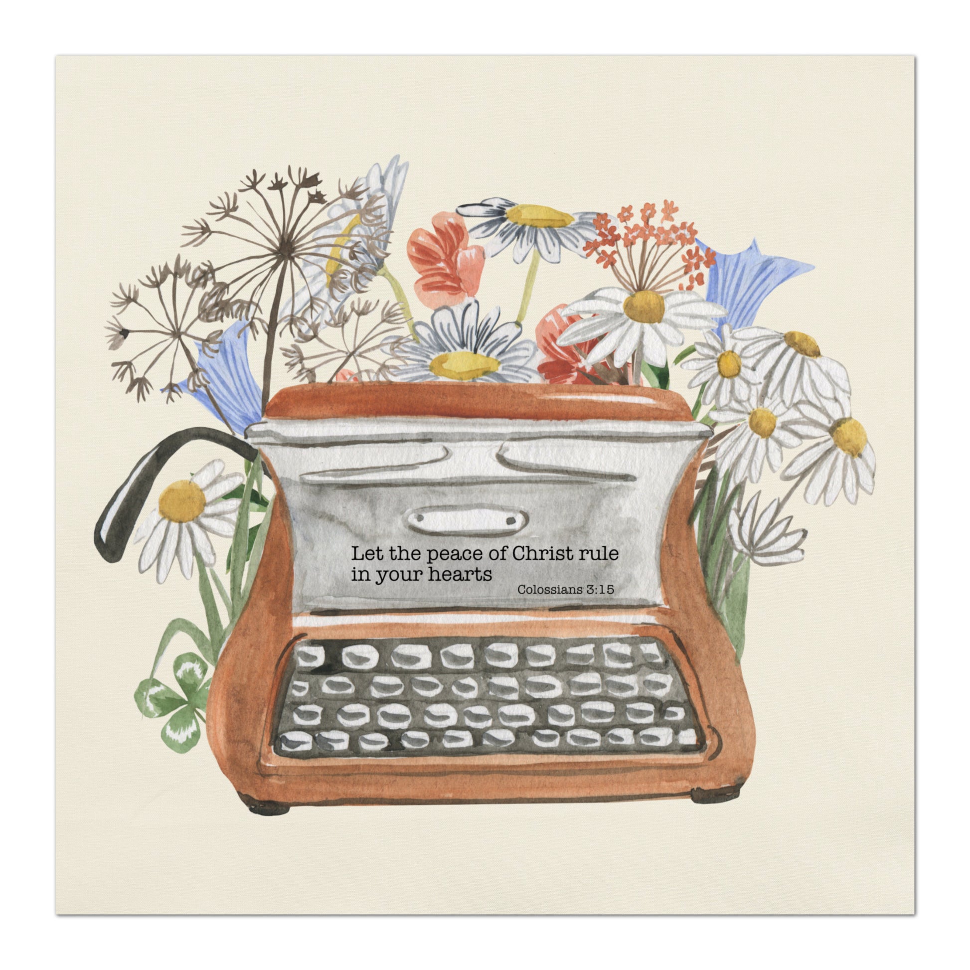 Watercolor Typewriter with flowers - Let the peace of Christ rule in your hearts - Colossians 3:15