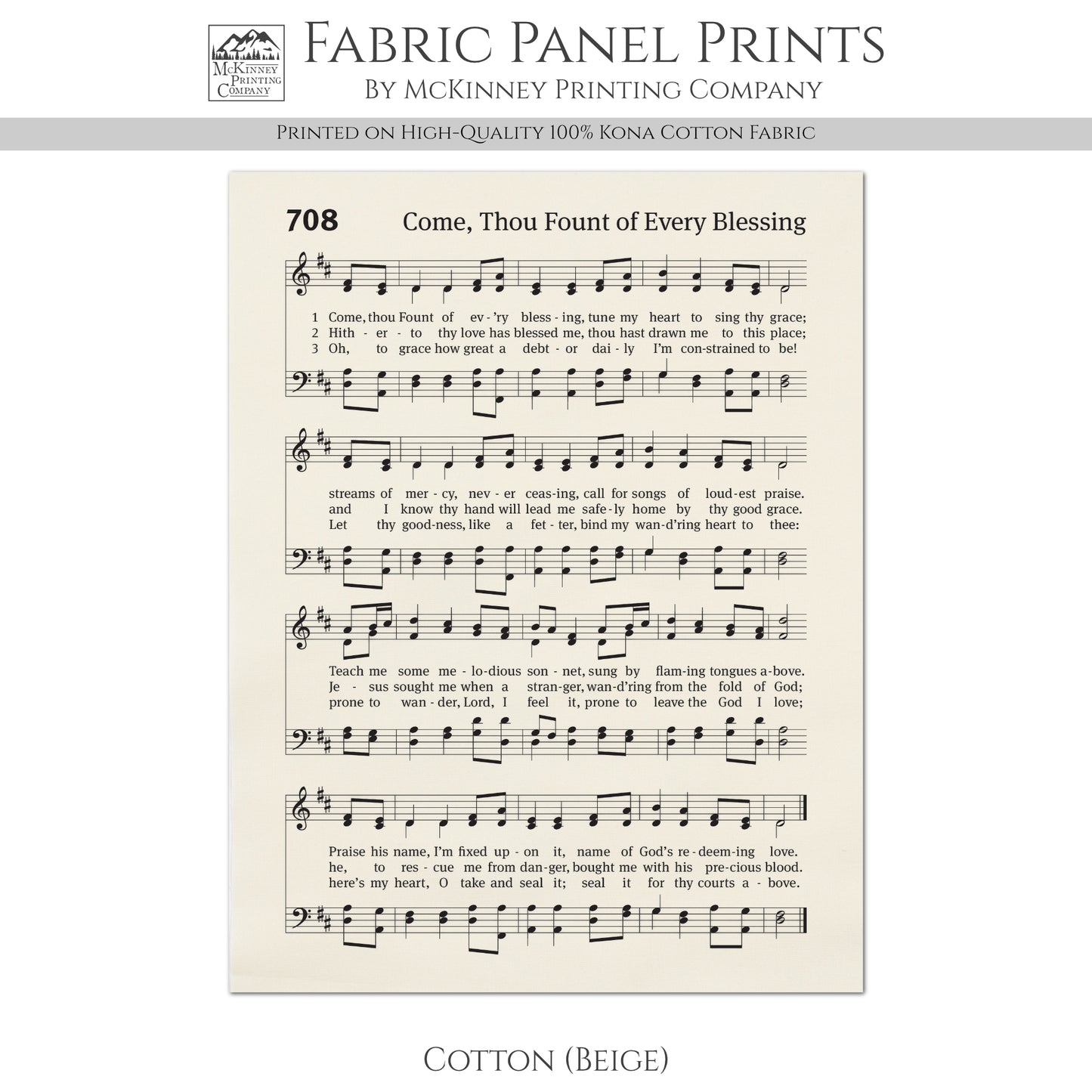 Come, Thou Fount of Every Blessing - Christian Fabric, Religious, Hymn Wall Art, Vintage Sheet Music, Quilting, Quilt, Cotton, Sewing, Cotton