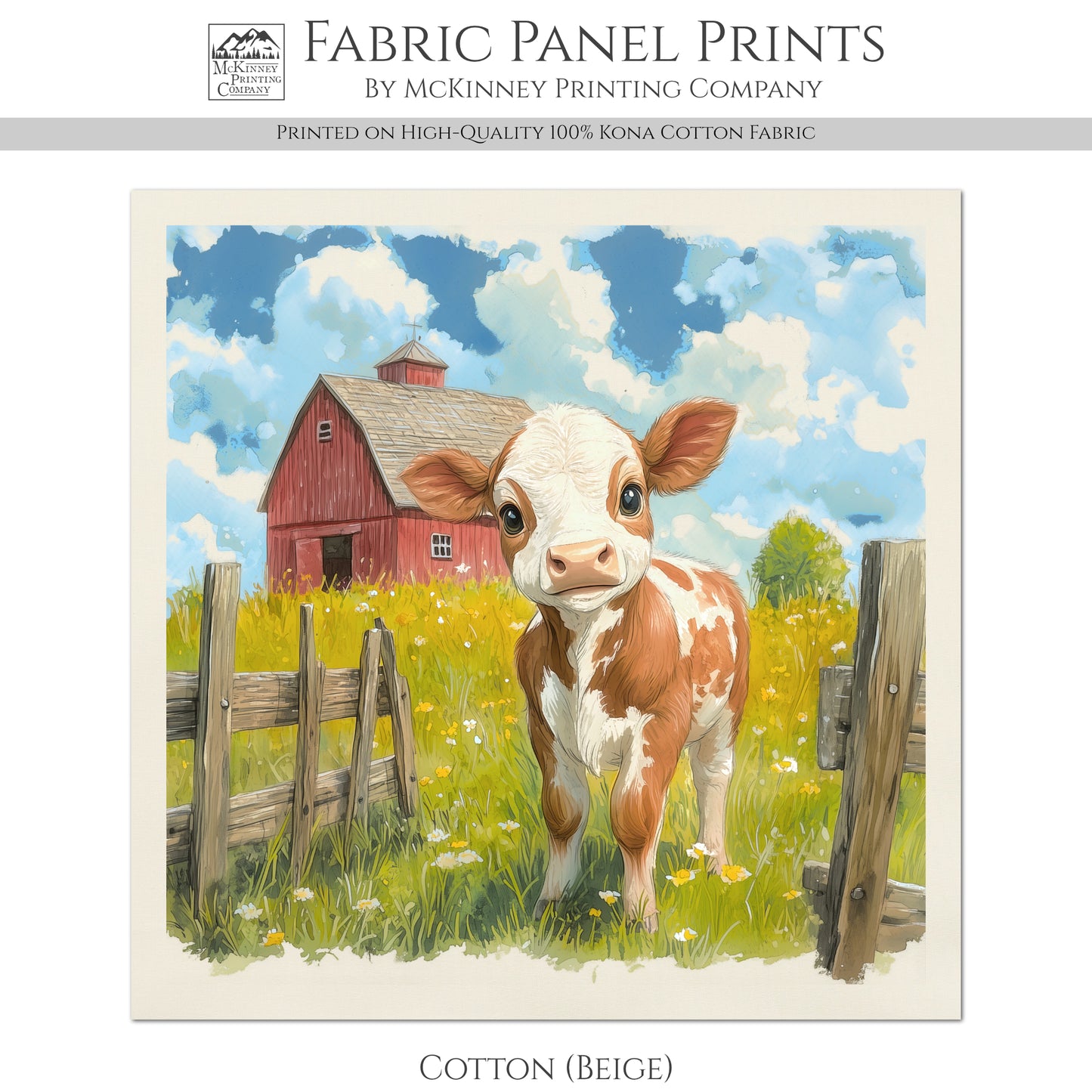 Farm Animal Fabric - Cow, Baby Fabric Panels, Cotton, Nursery Décor, Quilt Block, Wall Art, Infant, Quilting, Sewing