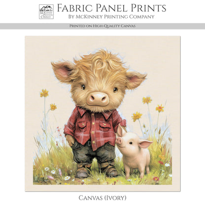 Highland Cow - Baby Fabric Panels, Pig, Farm, Boy, Blanket, Nursery Décor, Quilt Block, Cotton, Quilting