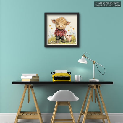 Highland Cow - Baby Fabric Panels, Pig, Farm, Boy, Blanket, Nursery Décor, Quilt Block, Cotton, Quilting