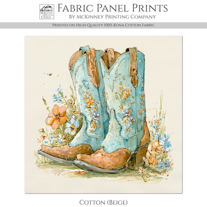 Western Fabric - Cowgirl Boots, Floral, Farm, Turquoise, Rodeo, Ranch, Wall Art, Large Print, Crafts, Quilt, Block Print Fabric, Quilting, Sewing