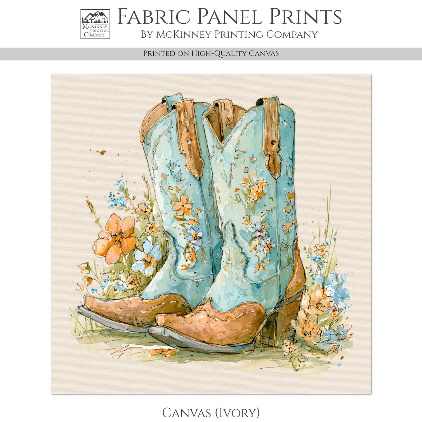 Western Fabric - Cowgirl Boots, Floral, Farm, Turquoise, Rodeo, Ranch, Wall Art, Large Print, Crafts, Quilt, Block Print Fabric, Quilting, Sewing