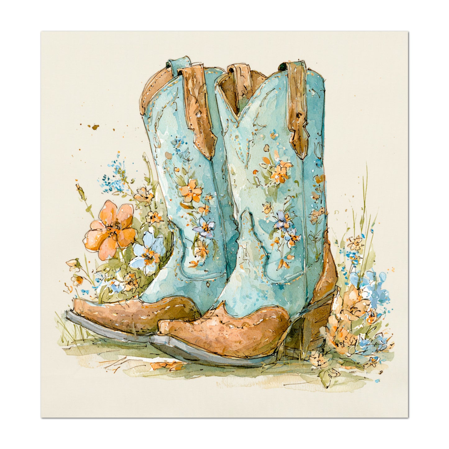 Western Fabric - Cowgirl Boots, Floral, Farm, Turquoise, Rodeo, Ranch, Wall Art, Large Print, Crafts, Quilt, Block Print Fabric, Quilting, Sewing