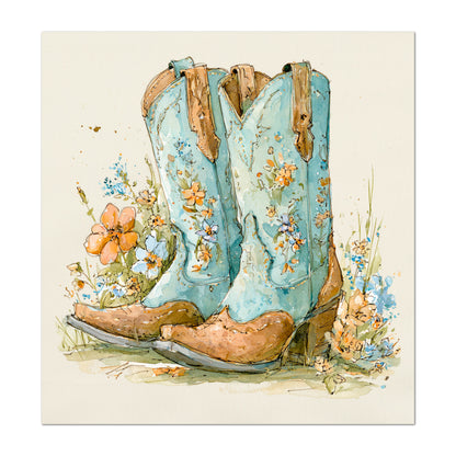 Western Fabric - Cowgirl Boots, Floral, Farm, Turquoise, Rodeo, Ranch, Wall Art, Large Print, Crafts, Quilt, Block Print Fabric, Quilting, Sewing