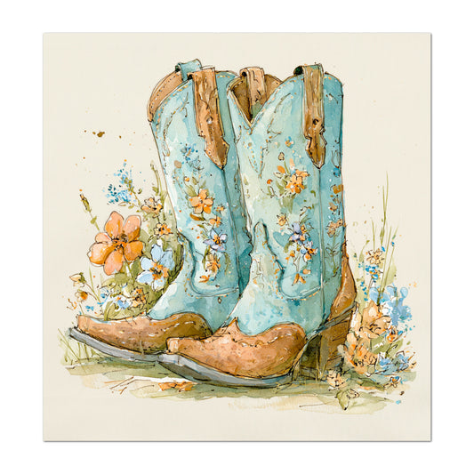 Western Fabric - Cowgirl Boots, Floral, Farm, Turquoise, Rodeo, Ranch, Wall Art, Large Print, Crafts, Quilt, Block Print Fabric, Quilting, Sewing