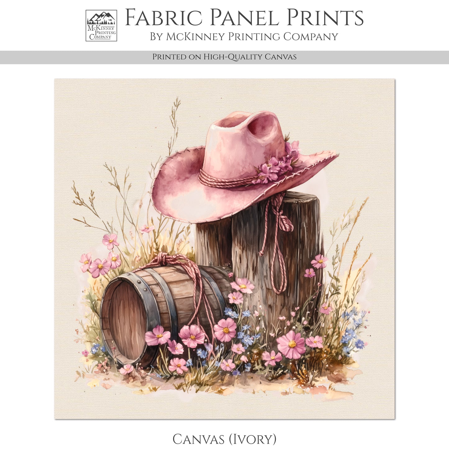 Cowgirl Hat - Western Fabric, Floral, Farm, Pink, Rodeo, Ranch, Wall Art, Large Print, Crafts, Quilt, Block Print Fabric, Quilting, Sewing