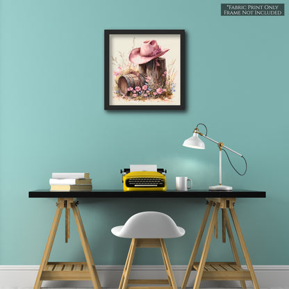 Cowgirl Hat - Western Fabric, Floral, Farm, Pink, Rodeo, Ranch, Wall Art, Large Print, Crafts, Quilt, Block Print Fabric, Quilting, Sewing