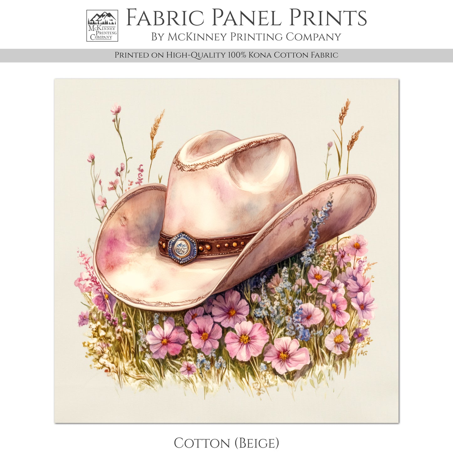 Western Fabric - Cowgirl Hat, Floral, Farm, Pink, Rodeo, Ranch, Wall Art, Large Print, Crafts, Quilt, Block Print Fabric, Quilting, Sewing