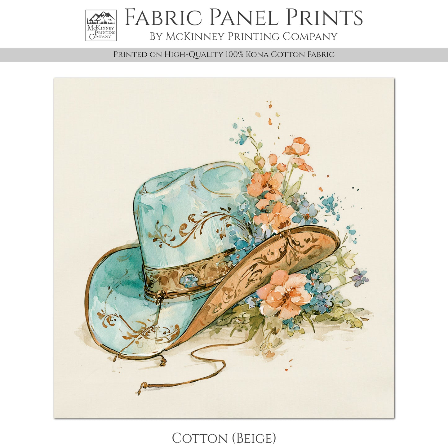 Western Fabric - Cowgirl Hat, Floral, Farm, Turquoise, Rodeo, Ranch, Wall Art, Large Print, Crafts, Quilt, Block Print Fabric, Quilting, Sewing)