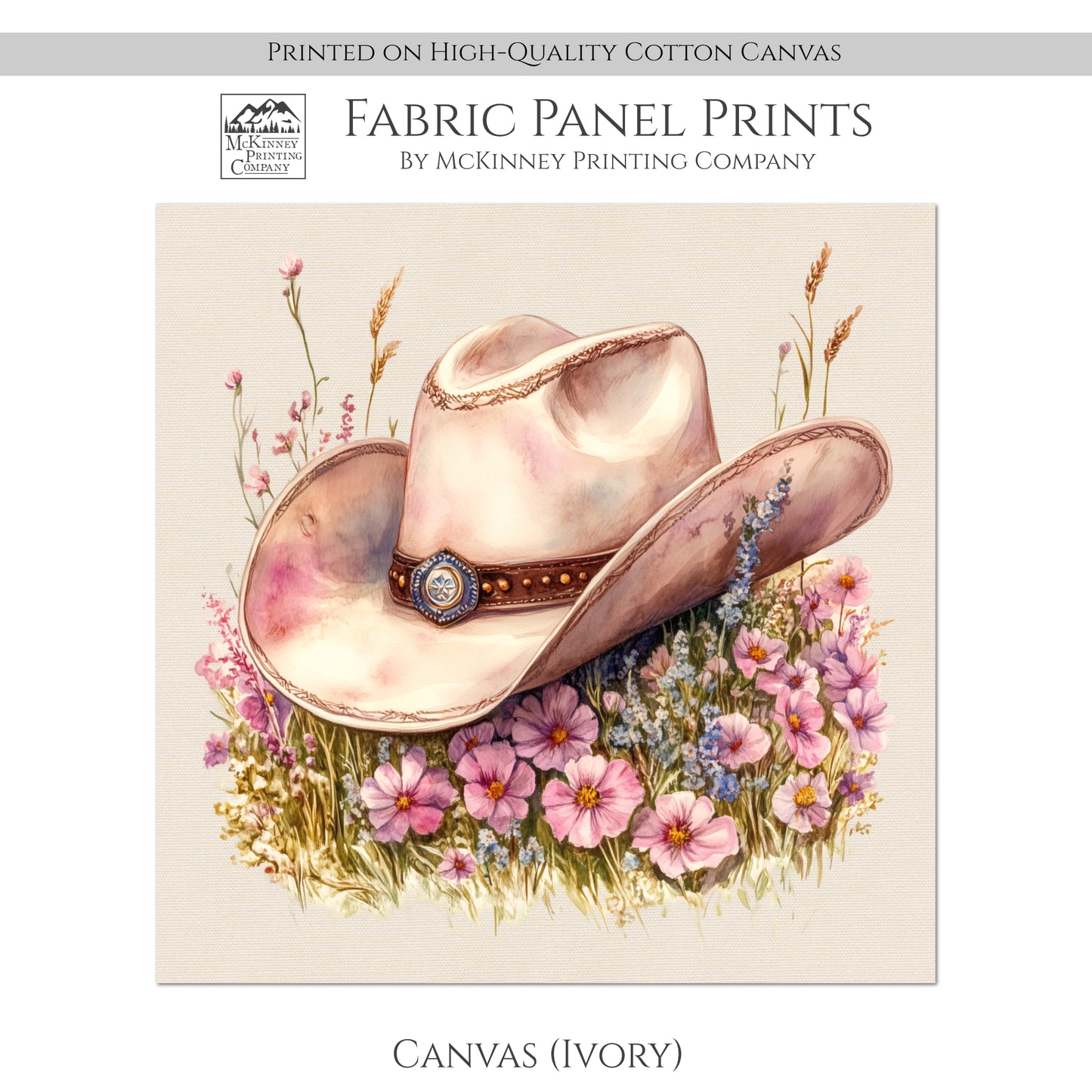 Western Fabric - Cowgirl Hat, Floral, Farm, Pink, Rodeo, Ranch, Wall Art, Large Print, Crafts, Quilt, Block Print Fabric, Quilting, Sewing