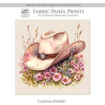 Western Fabric - Cowgirl Hat, Floral, Farm, Pink, Rodeo, Ranch, Wall Art, Large Print, Crafts, Quilt, Block Print Fabric, Quilting, Sewing