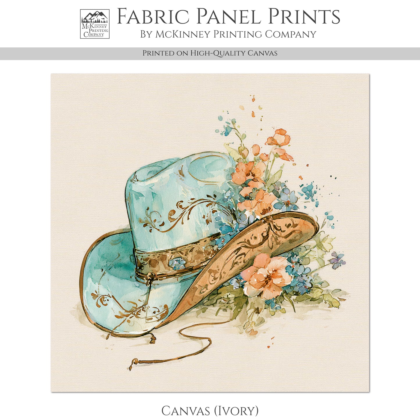 Western Fabric - Cowgirl Hat, Floral, Farm, Turquoise, Rodeo, Ranch, Wall Art, Large Print, Crafts, Quilt, Block Print Fabric, Quilting, Sewing)