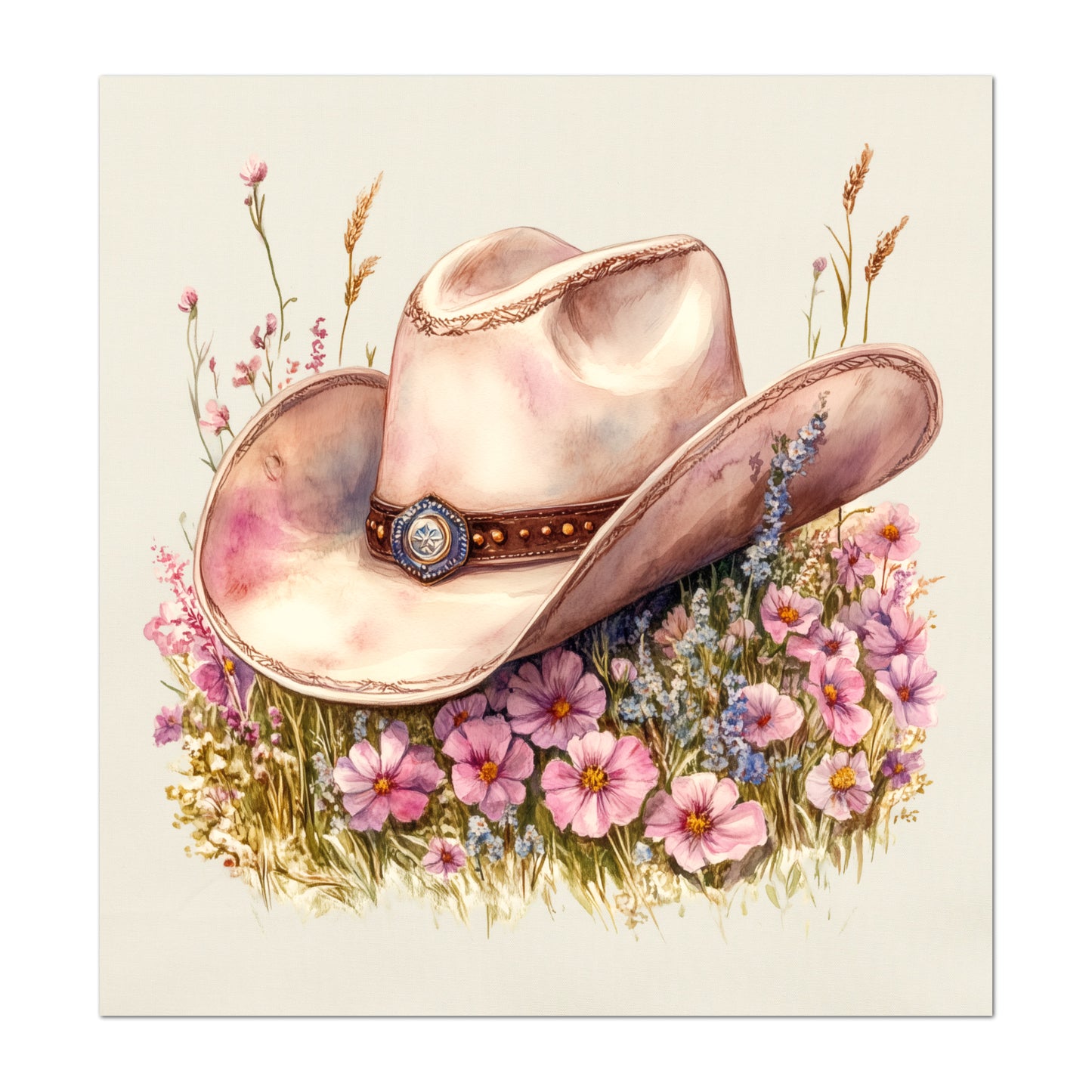 Western Fabric - Cowgirl Hat, Floral, Farm, Pink, Rodeo, Ranch, Wall Art, Large Print, Crafts, Quilt, Block Print Fabric, Quilting, Sewing