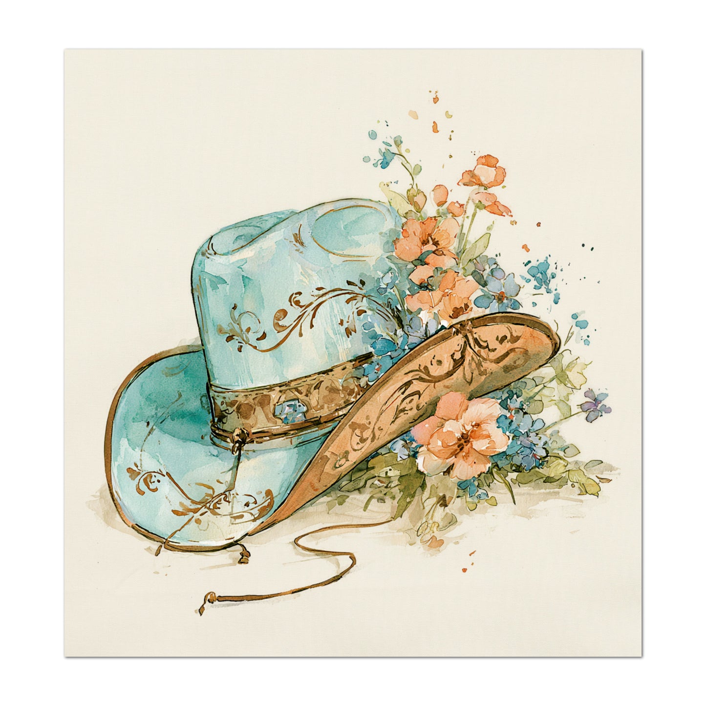Western Fabric - Cowgirl Hat, Floral, Farm, Turquoise, Rodeo, Ranch, Wall Art, Large Print, Crafts, Quilt, Block Print Fabric, Quilting, Sewing)