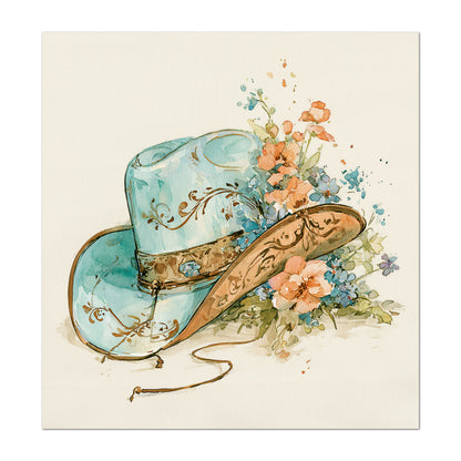 Western Fabric - Cowgirl Hat, Floral, Farm, Turquoise, Rodeo, Ranch, Wall Art, Large Print, Crafts, Quilt, Block Print Fabric, Quilting, Sewing)