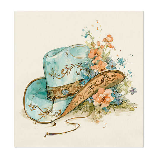 Western Fabric - Cowgirl Hat, Floral, Farm, Turquoise, Rodeo, Ranch, Wall Art, Large Print, Crafts, Quilt, Block Print Fabric, Quilting, Sewing)