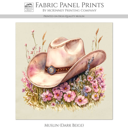 Western Fabric - Cowgirl Hat, Floral, Farm, Pink, Rodeo, Ranch, Wall Art, Large Print, Crafts, Quilt, Block Print Fabric, Quilting, Sewing
