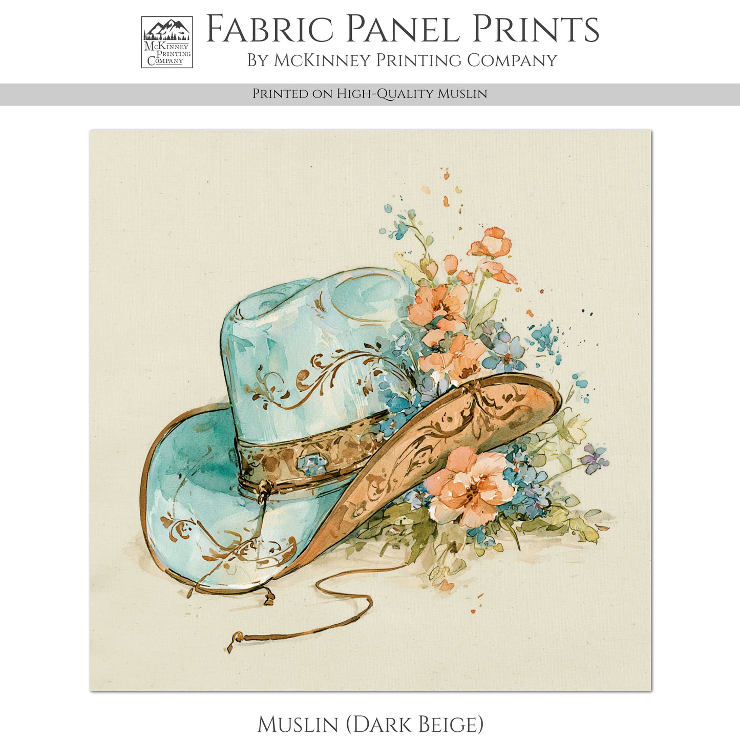 Western Fabric - Cowgirl Hat, Floral, Farm, Turquoise, Rodeo, Ranch, Wall Art, Large Print, Crafts, Quilt, Block Print Fabric, Quilting, Sewing)