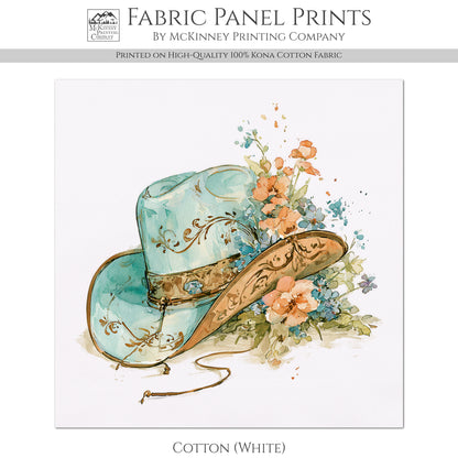 Western Fabric - Cowgirl Hat, Floral, Farm, Turquoise, Rodeo, Ranch, Wall Art, Large Print, Crafts, Quilt, Block Print Fabric, Quilting, Sewing)