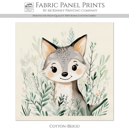 Woodland Animal Fabric, Coyote, Wolf, Baby Fabric Panels, Forest, Nursery Décor, Quilt Block, Wall Art, Cotton, Quilting