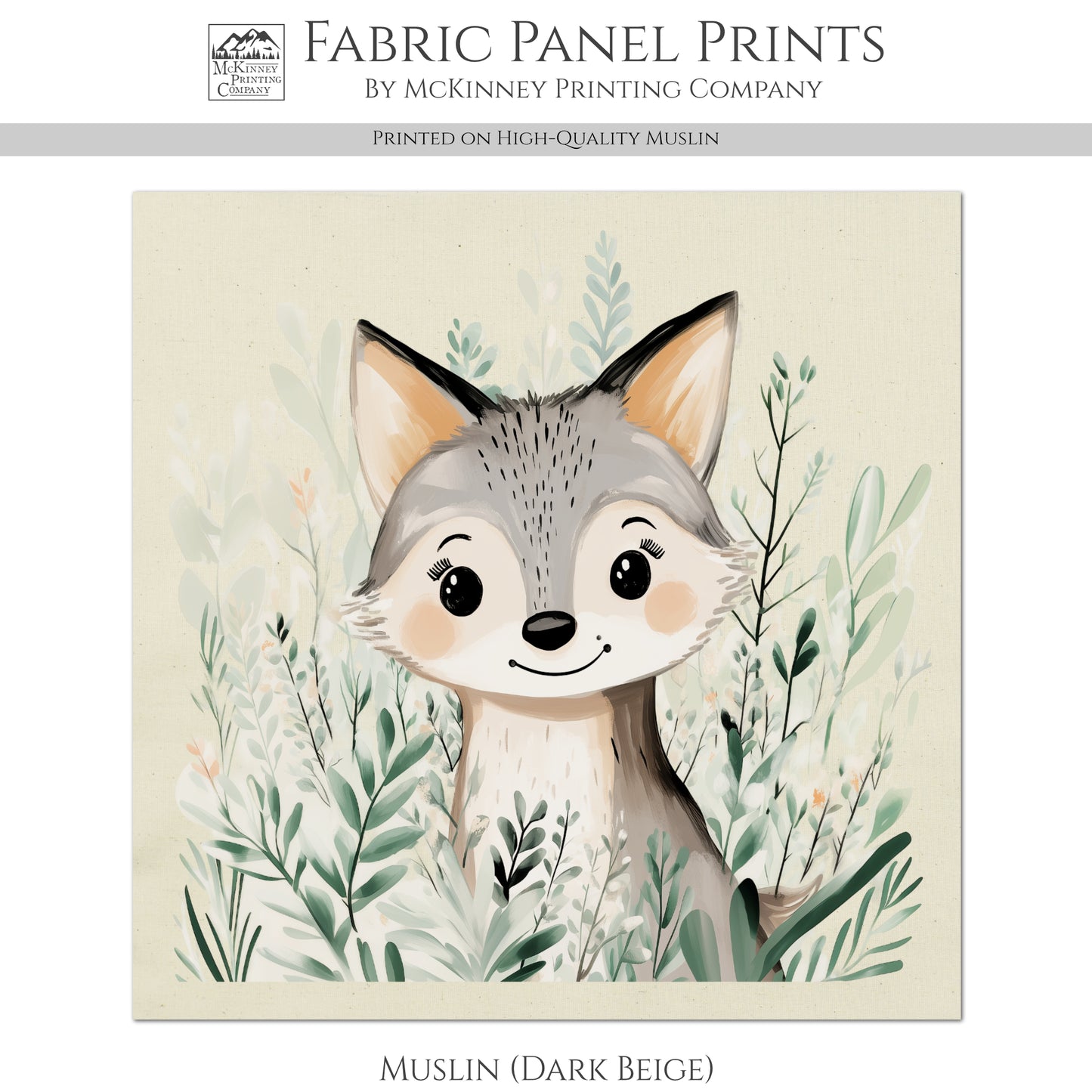 Woodland Animal Fabric, Coyote, Wolf, Baby Fabric Panels, Forest, Nursery Décor, Quilt Block, Wall Art, Cotton, Quilting