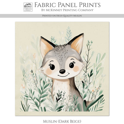 Woodland Animal Fabric, Coyote, Wolf, Baby Fabric Panels, Forest, Nursery Décor, Quilt Block, Wall Art, Cotton, Quilting