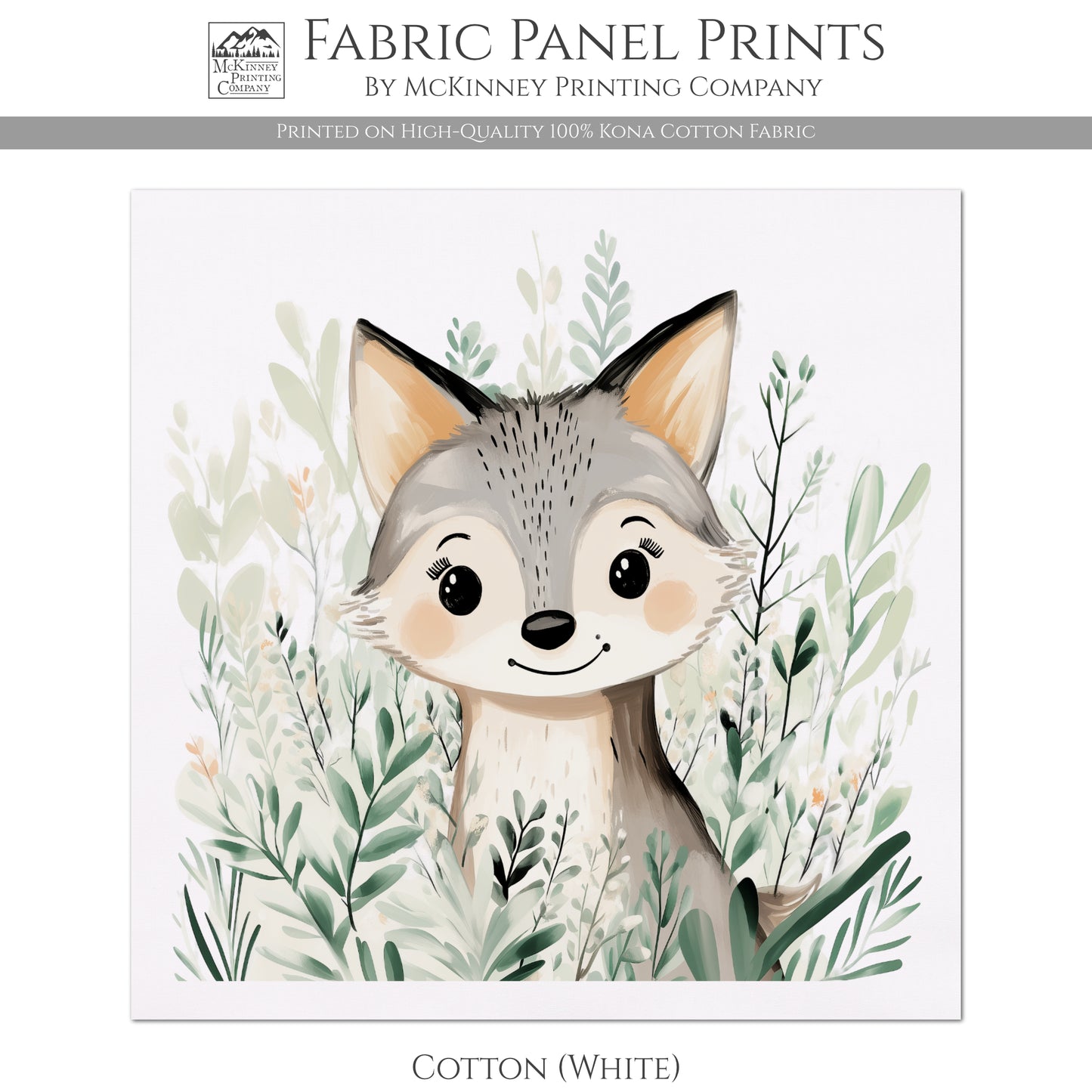 Woodland Animal Fabric, Coyote, Wolf, Baby Fabric Panels, Forest, Nursery Décor, Quilt Block, Wall Art, Cotton, Quilting