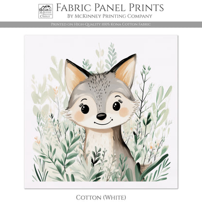 Woodland Animal Fabric, Coyote, Wolf, Baby Fabric Panels, Forest, Nursery Décor, Quilt Block, Wall Art, Cotton, Quilting
