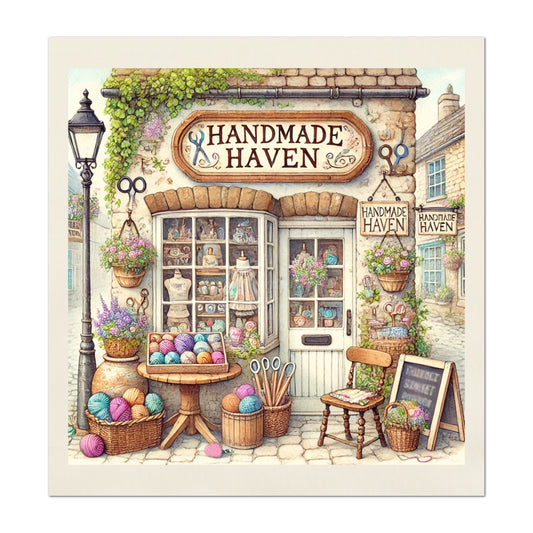 Watercolor Craft Store  - Fabric Panel, Cottage, English Village, Print, Cotton, Quilt, Wall Art, Handmade, Quilting, Sewing Room Decor