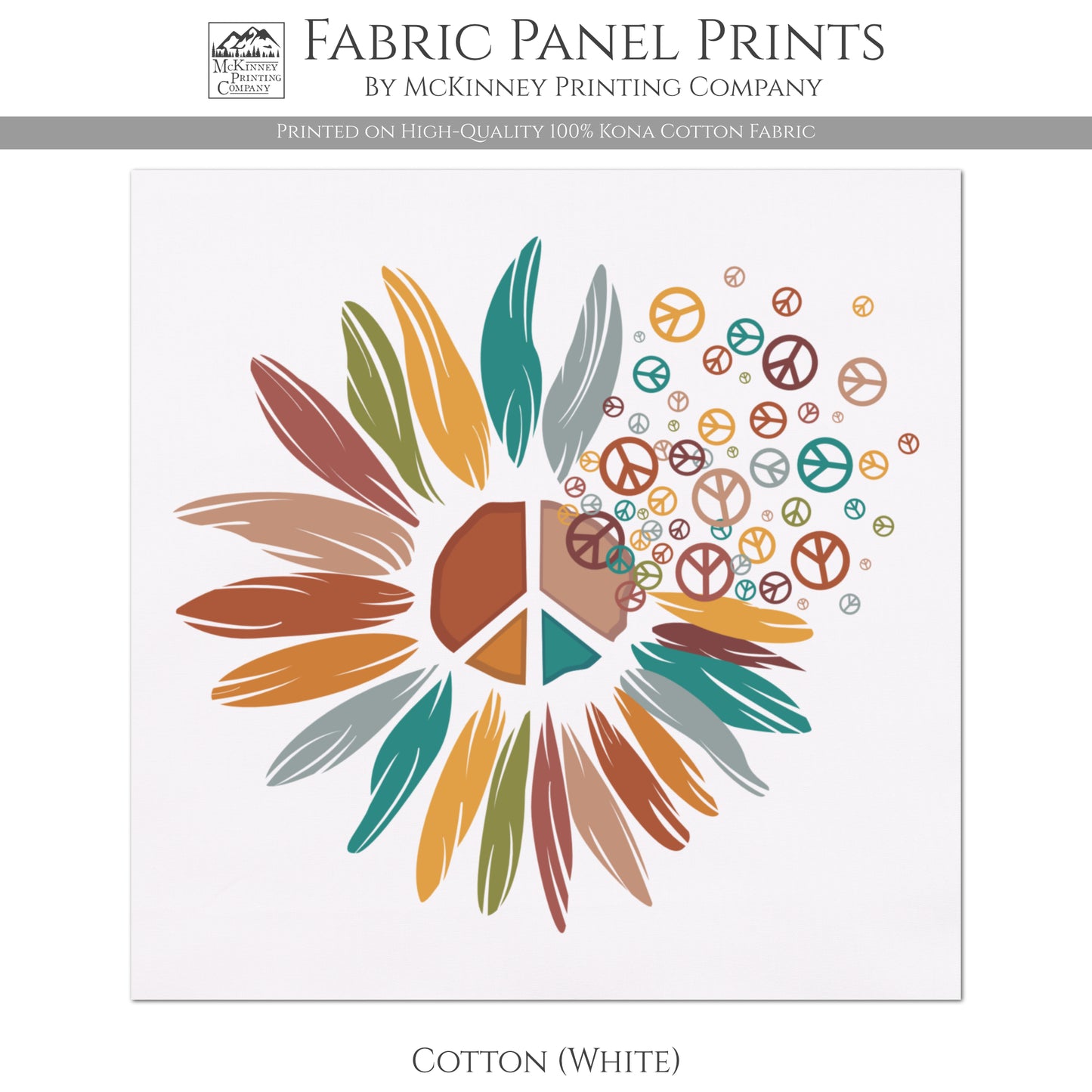 Daisy Fabric, Peace Sign, Floral Print - Kona Cotton Fabric, White