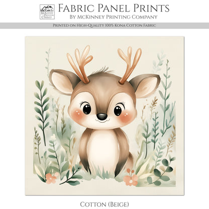 Deer Fabric - Woodland Animal Fabric, Baby Fabric Panels, Forest, Nursery Décor, Quilt Block, Wall Art, Cotton, Quilting