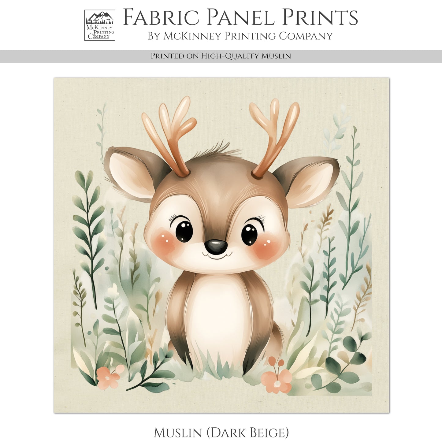 Deer Fabric - Woodland Animal Fabric, Baby Fabric Panels, Forest, Nursery Décor, Quilt Block, Wall Art, Cotton, Quilting