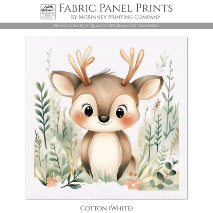 Deer Fabric - Woodland Animal Fabric, Baby Fabric Panels, Forest, Nursery Décor, Quilt Block, Wall Art, Cotton, Quilting
