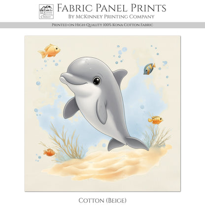 Dolphin Fabric - Baby Fabric Panels, Sea, Ocean, Boy, Blanket, Nursery Décor, Quilt Block, Cotton, Quilting
