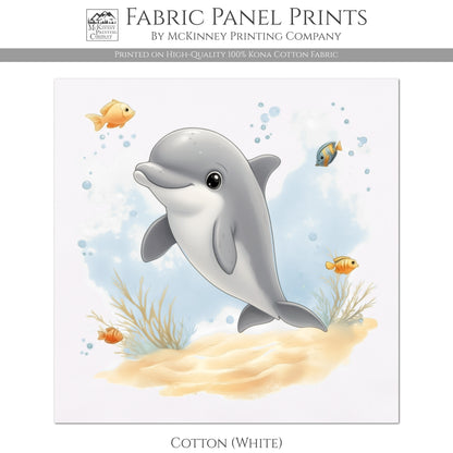 Dolphin Fabric - Baby Fabric Panels, Sea, Ocean, Boy, Blanket, Nursery Décor, Quilt Block, Cotton, Quilting