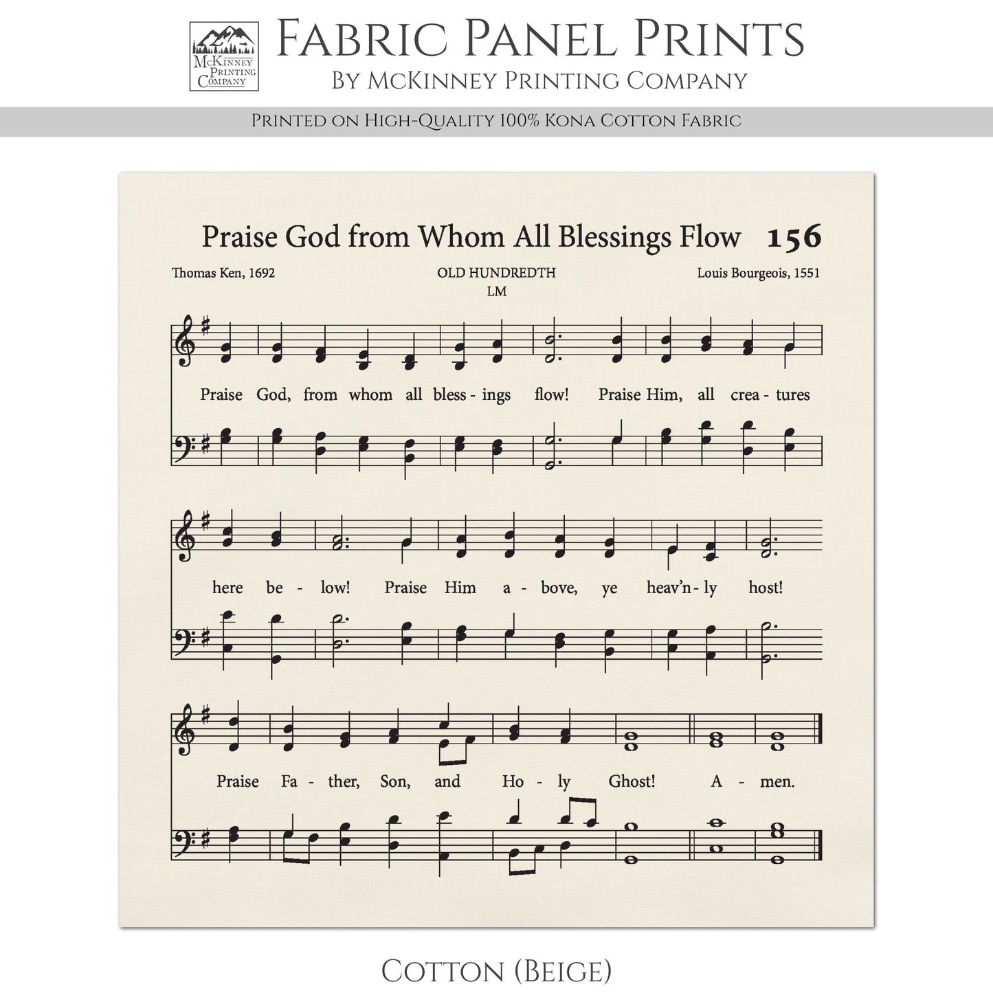 Doxology - Christian Fabric, Praise God from Whom All Blessings Flow, Lyrics, Hymn, Vintage Sheet Music, Cotton, Quilting, Wall Art, Quilt