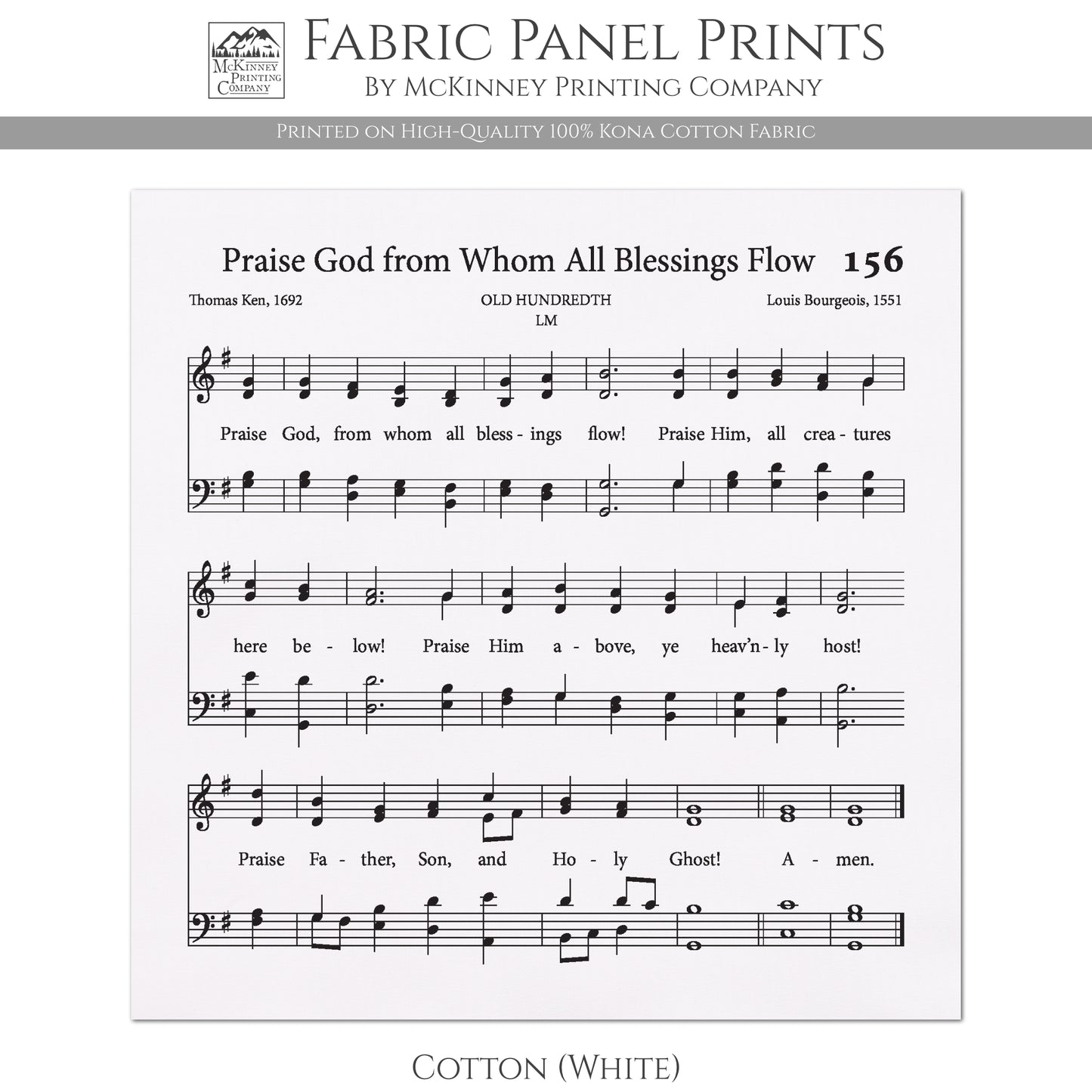Doxology - Christian Fabric, Praise God from Whom All Blessings Flow, Lyrics, Hymn, Vintage Sheet Music, Cotton, Quilting, Wall Art, Quilt