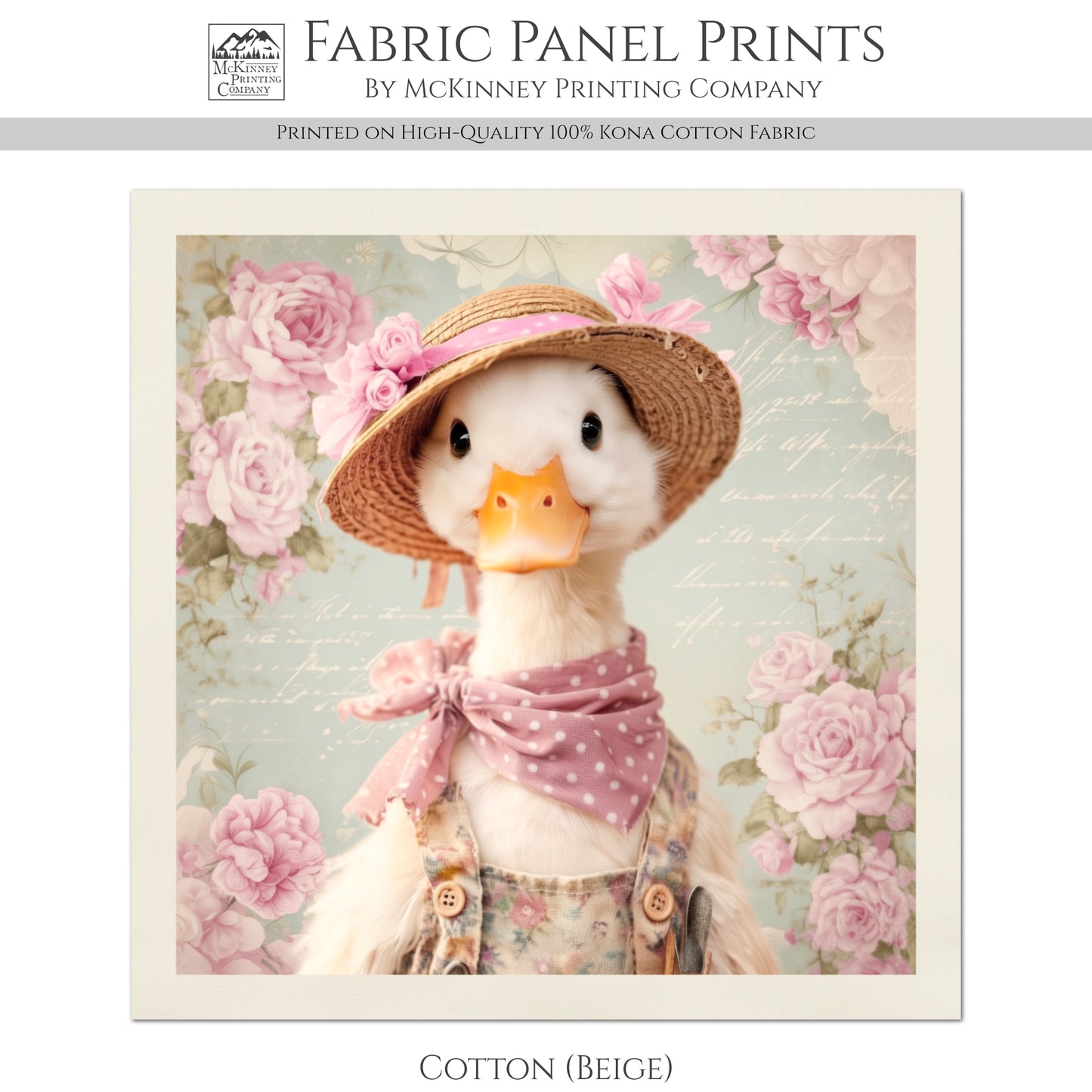Duck Fabric - Bird Fabric Panel, Farm, Woodland Animal, Floral, Rose, French Country, Quilt Block, Cotton, Quilting