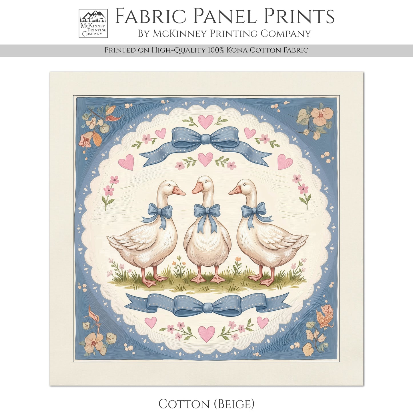 Blue Ribbon Goose - Fabric Panel, Bow, Vintage, 1980's, Duck, Bird, Sewing, Block Print, Cotton, Quilt, Quilting