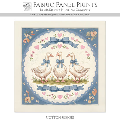 Blue Ribbon Goose - Fabric Panel, Bow, Vintage, 1980's, Duck, Bird, Sewing, Block Print, Cotton, Quilt, Quilting