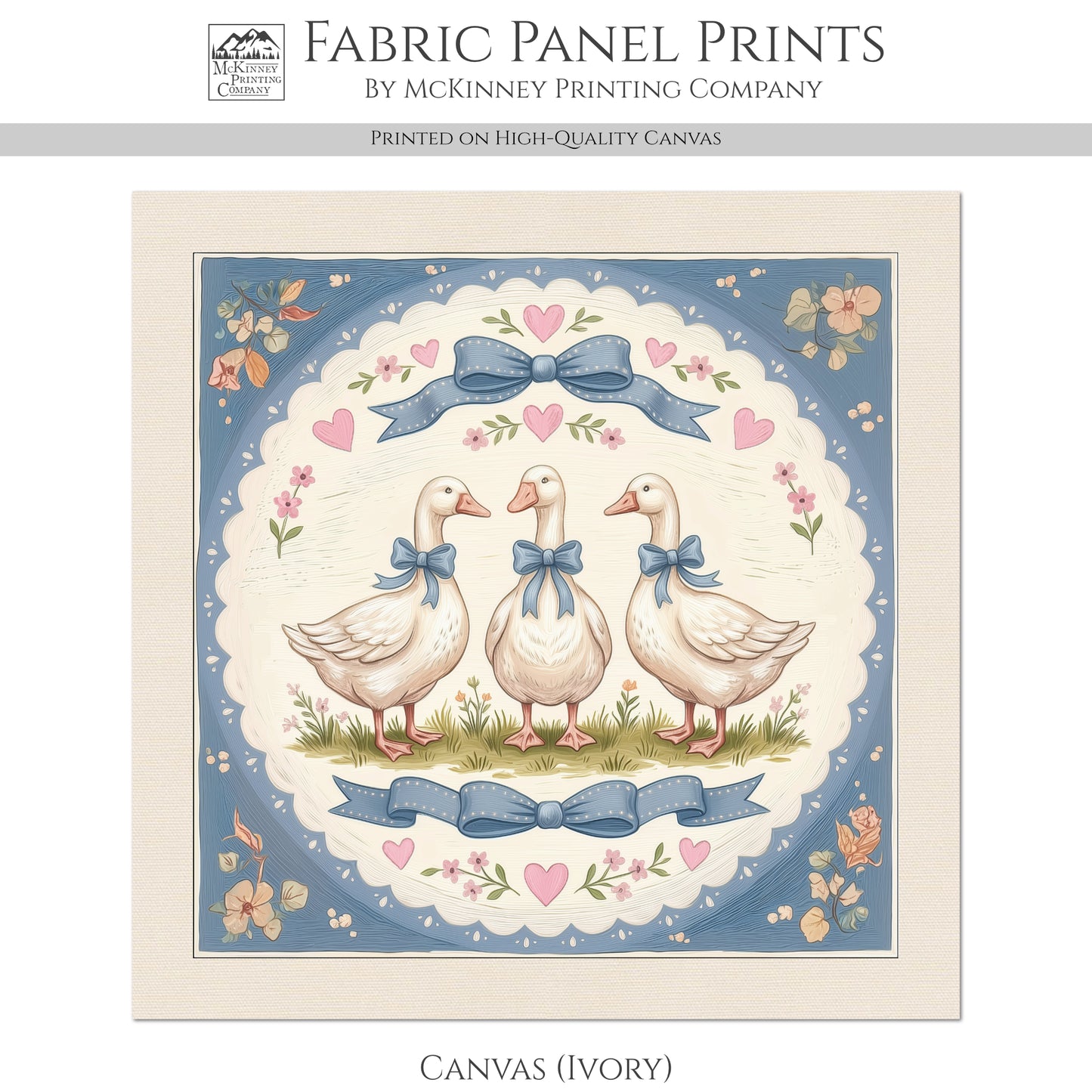 Blue Ribbon Goose - Fabric Panel, Bow, Vintage, 1980's, Duck, Bird, Sewing, Block Print, Cotton, Quilt, Quilting