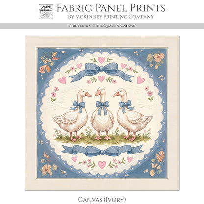 Blue Ribbon Goose - Fabric Panel, Bow, Vintage, 1980's, Duck, Bird, Sewing, Block Print, Cotton, Quilt, Quilting